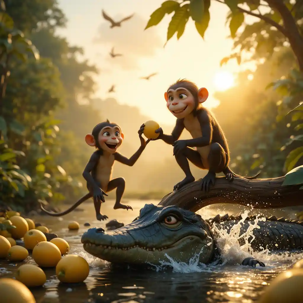 Two monkeys on a jungle tree branch at sunrise