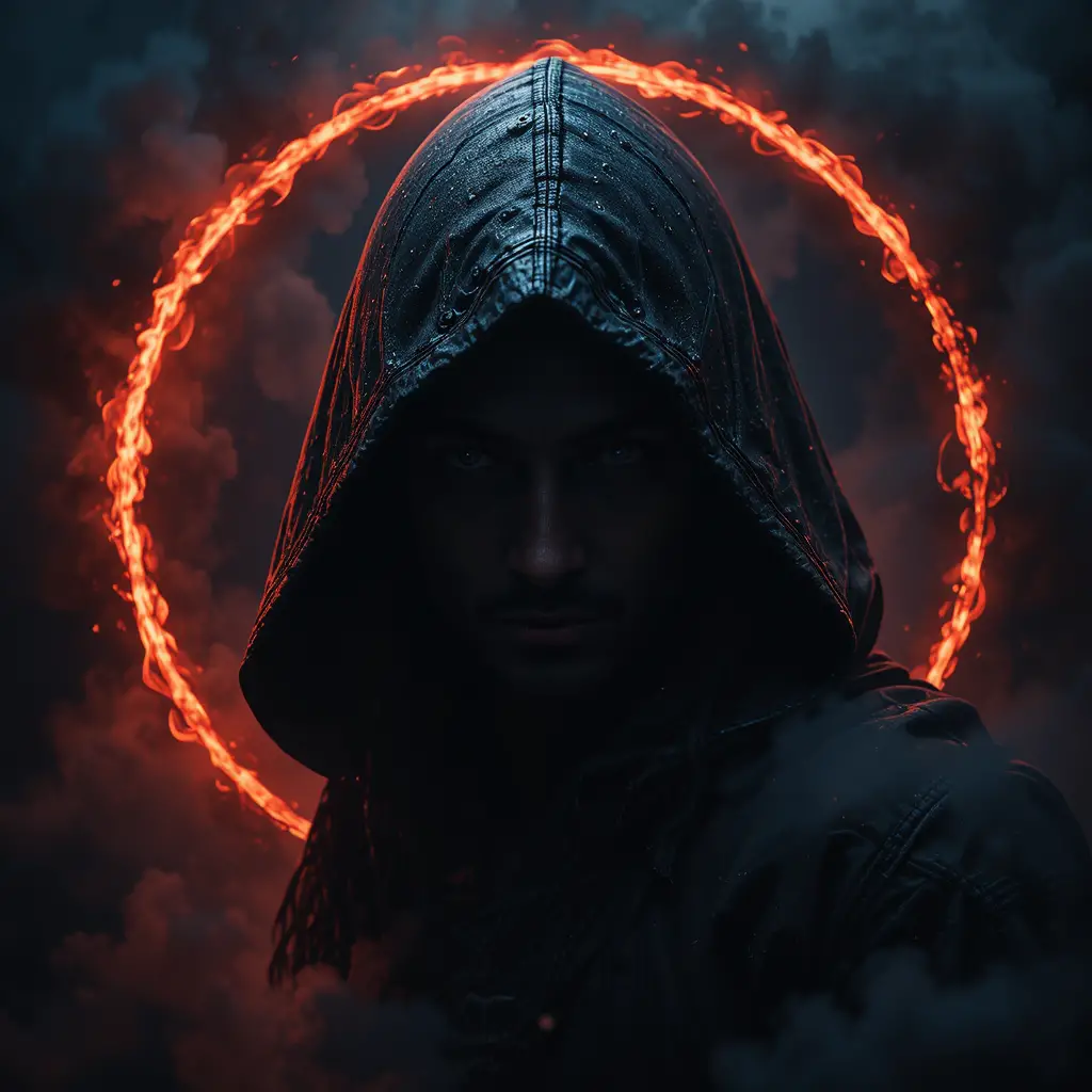 Hooded assassin against a fiery partial eclipse backdrop