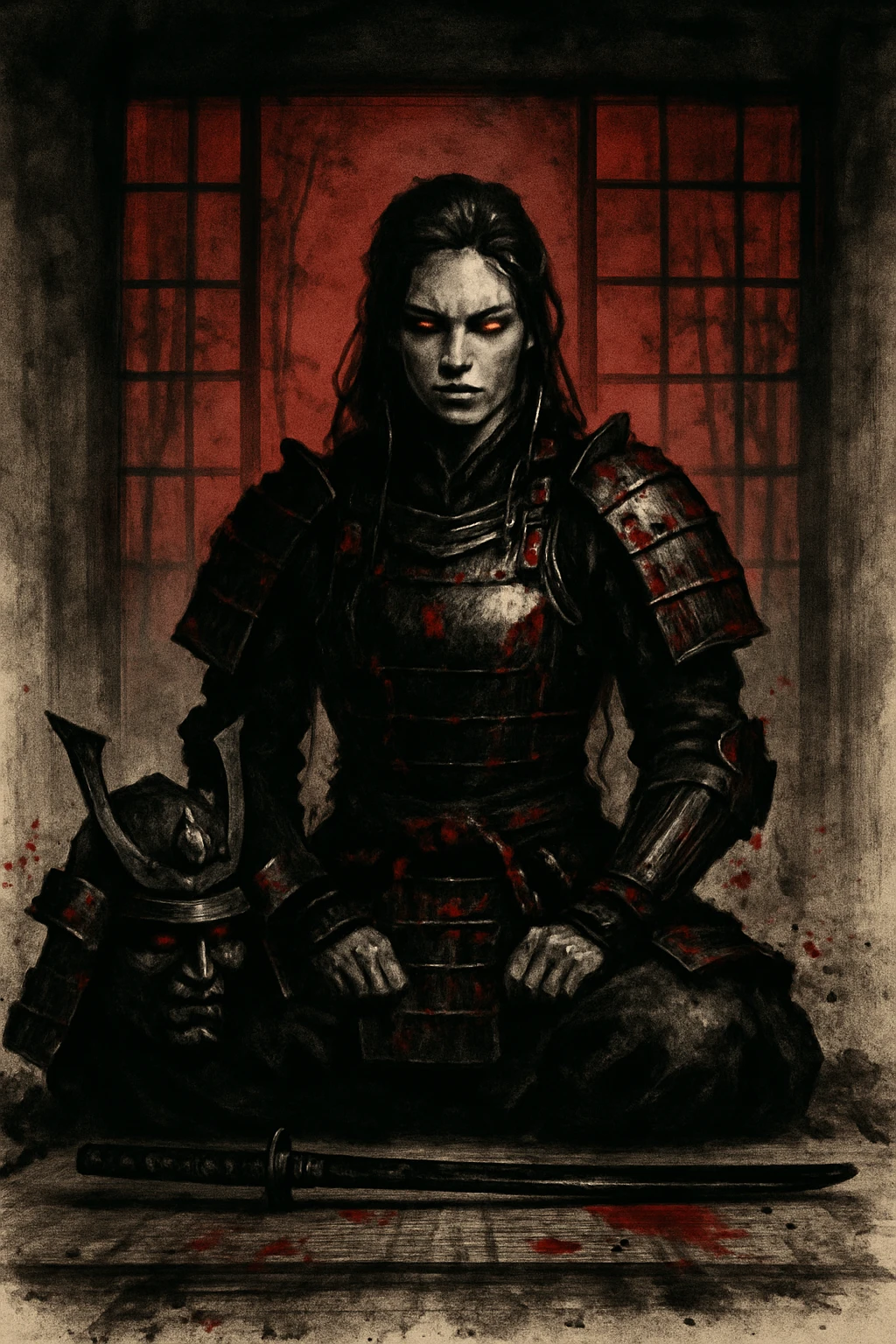 Samurai mulher ajoelhada em armadura sobre tatame