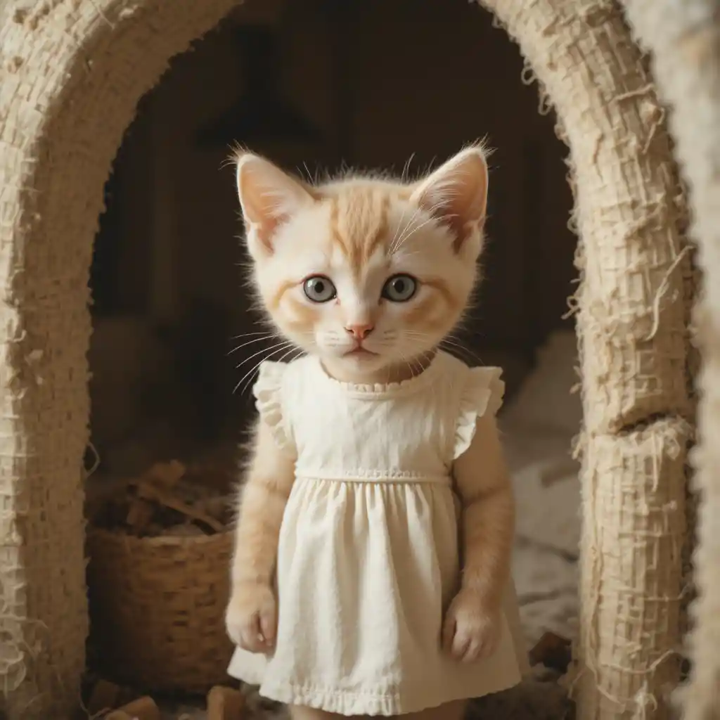 Petit chaton en robe simple lors d’un calme matin en intérieur