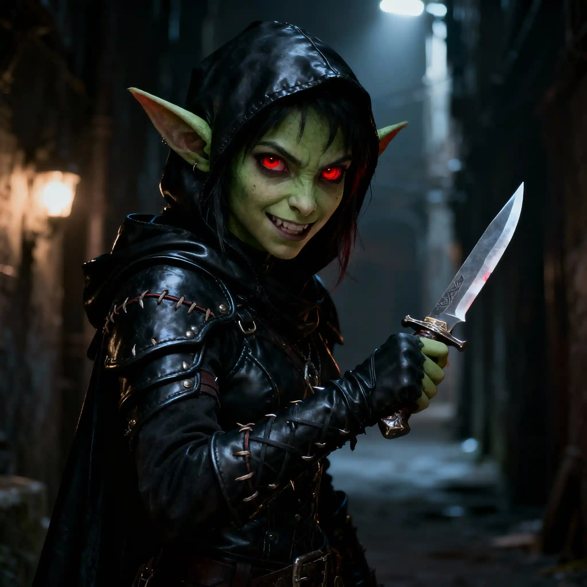 Dark fantasy goblin rogue girl with red eyes