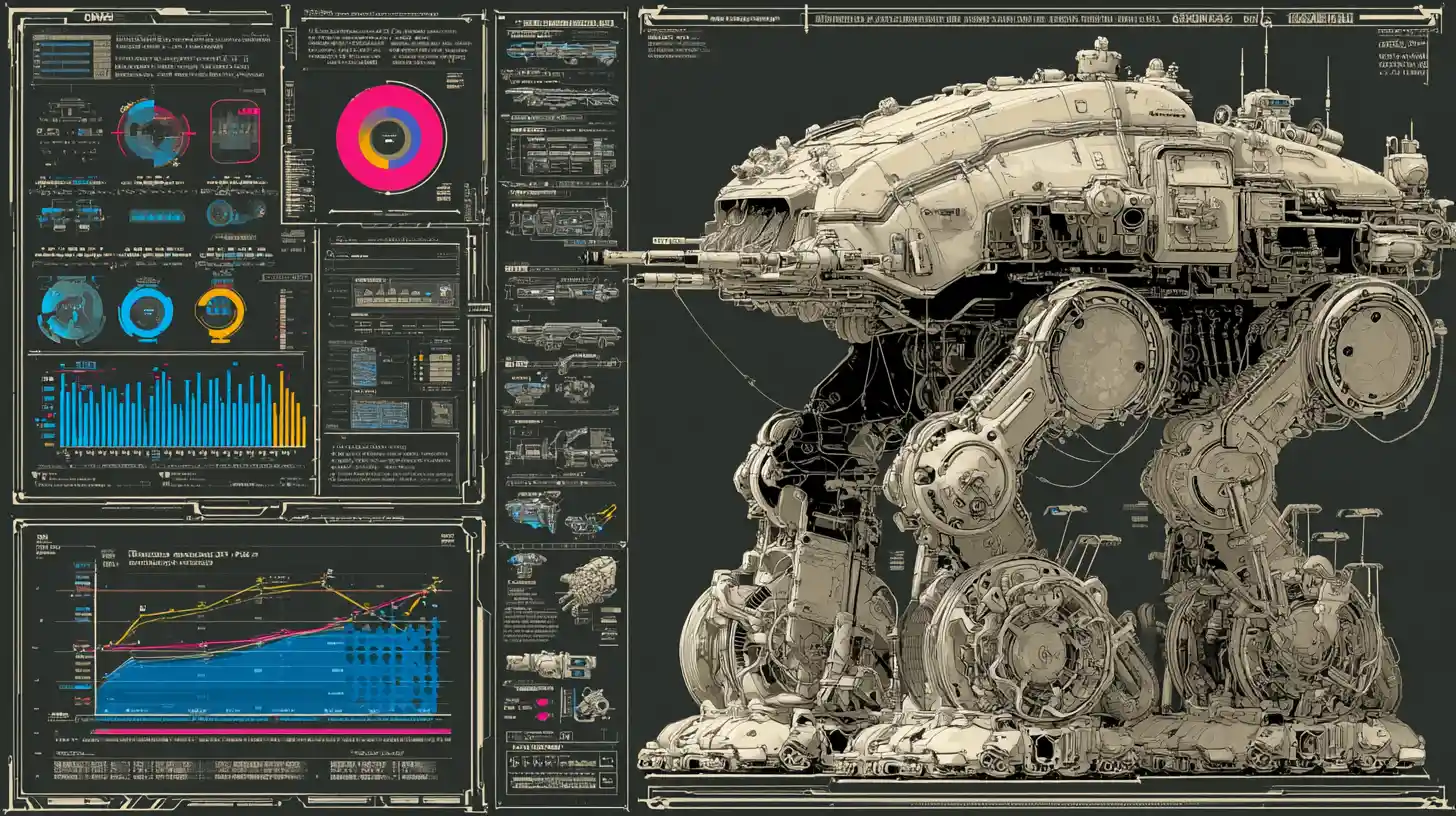 Futuristic alien urban warfare walker with technical overlays