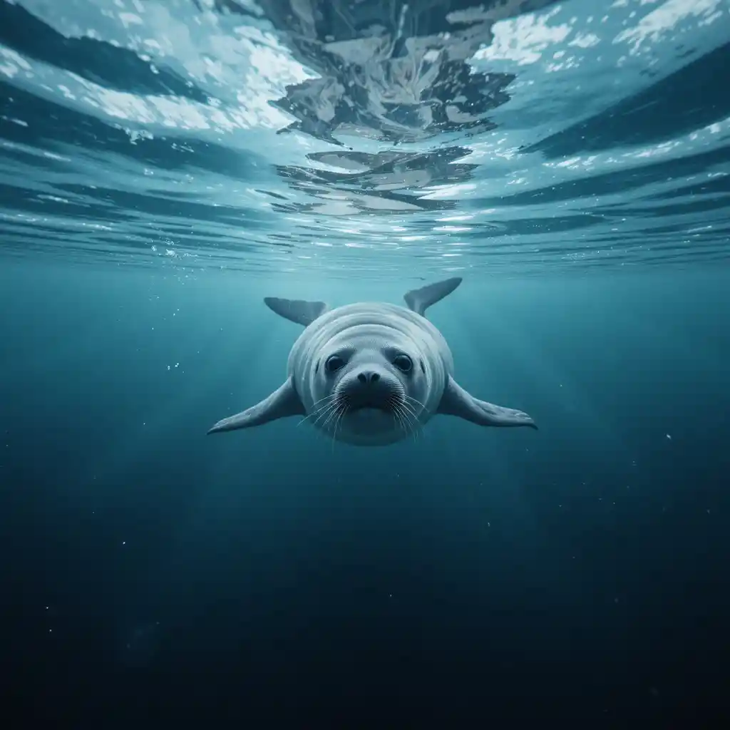 Arctic seal gliding swiftly across a frozen underwater seascape