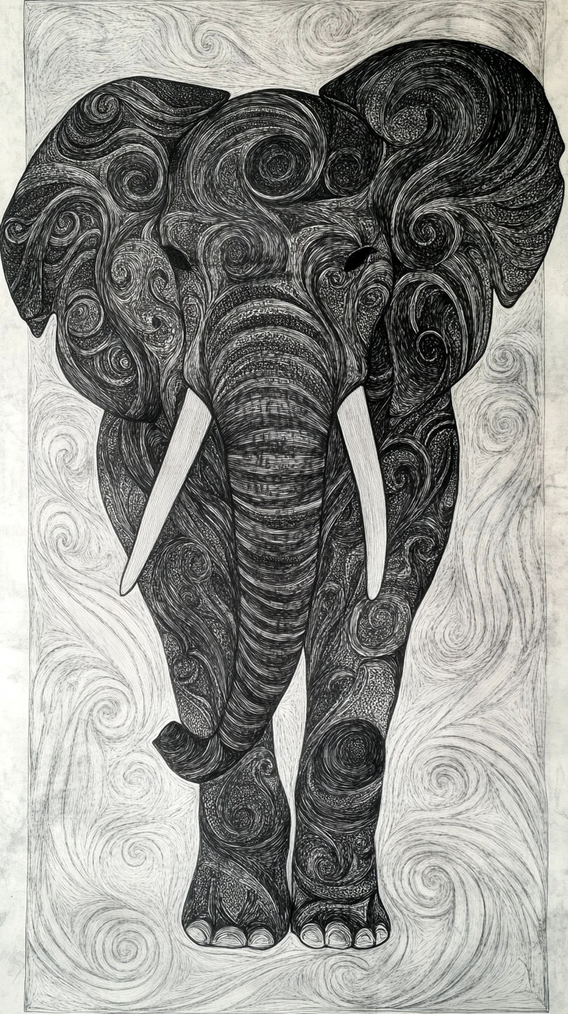 Silhueta Mística de Elefante com Padrões de Tinta Yin Yang