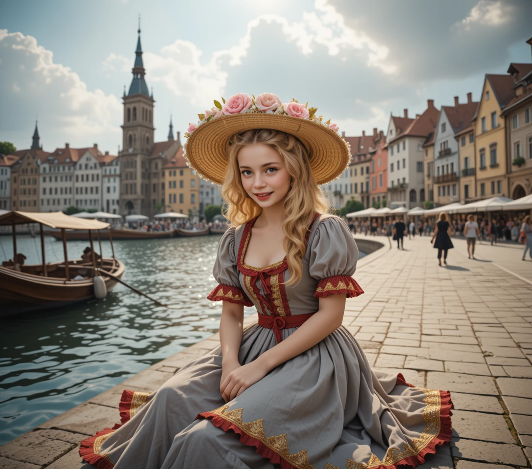 Junges Mädchen auf einem mittelalterlichen Pier im warmen Sommerlicht