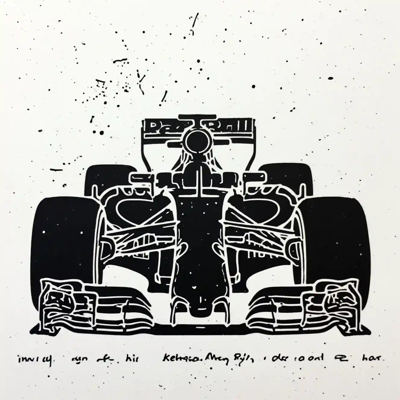Linoleografia minimalista di una elegante auto da corsa di Formula 1 nera
