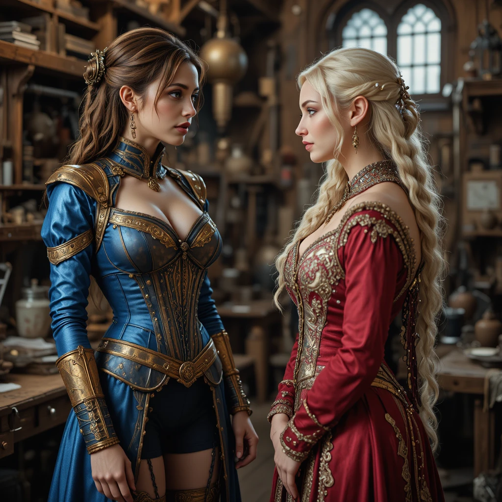 Steampunk woman standing in a detailed industrial workshop