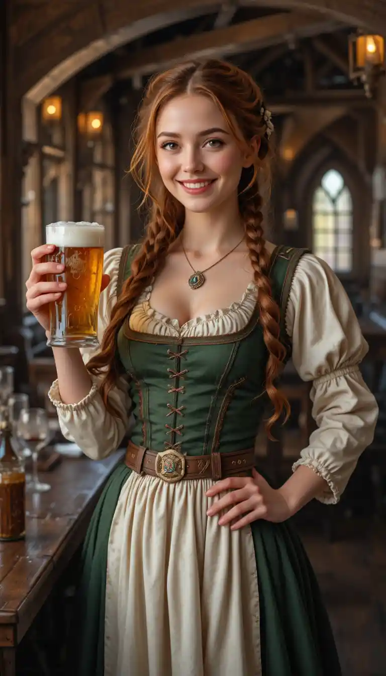 Smiling auburn haired maid holding beer in medieval tavern