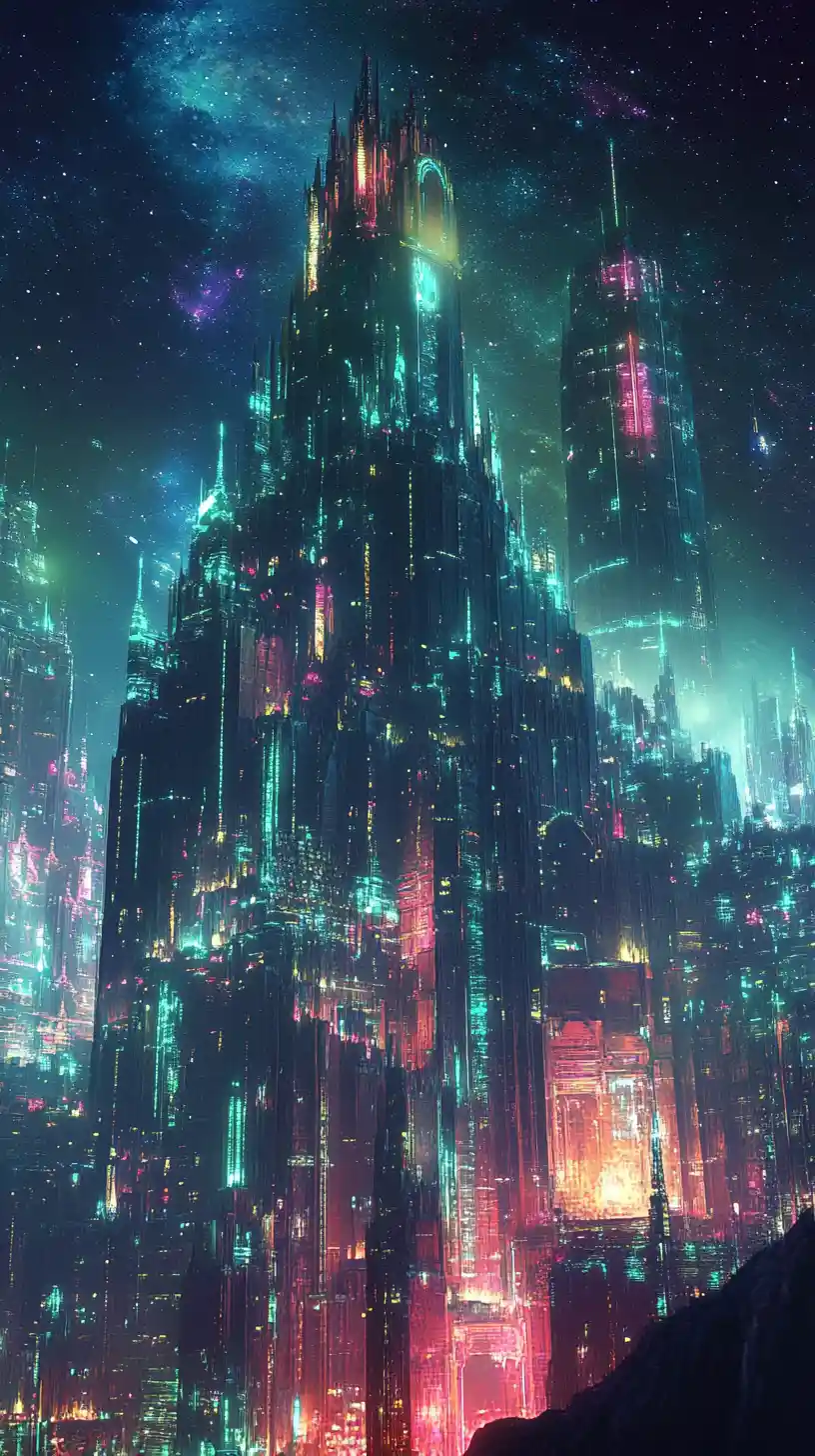 Surrealer Neonpalast, der in eine dystopische Industriestadt übergeht