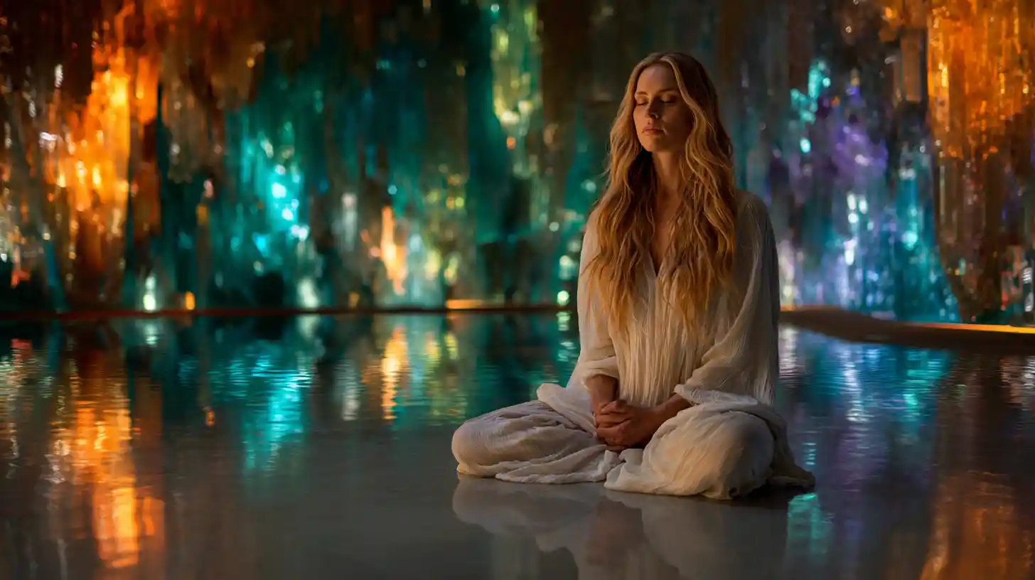 Meditating woman in glowing crystal cavern by an underground lake