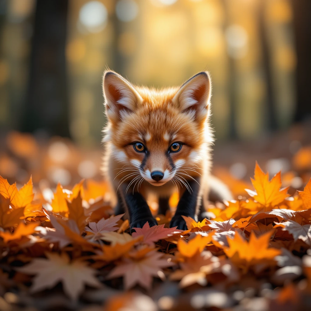Jeune renard roux bondissant sur des feuilles d’érable orange dans la forêt