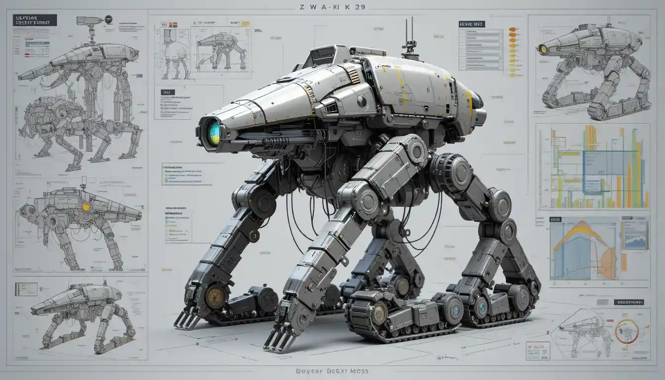 Meca futurista de guerra urbana en plano técnico 3D