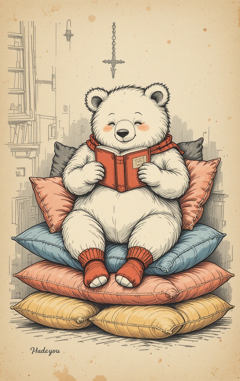 Cozy bear reading a book on colorful cushions