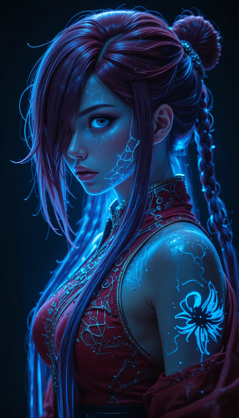 Bioluminescent braided warrior woman in glowing red bodysuit