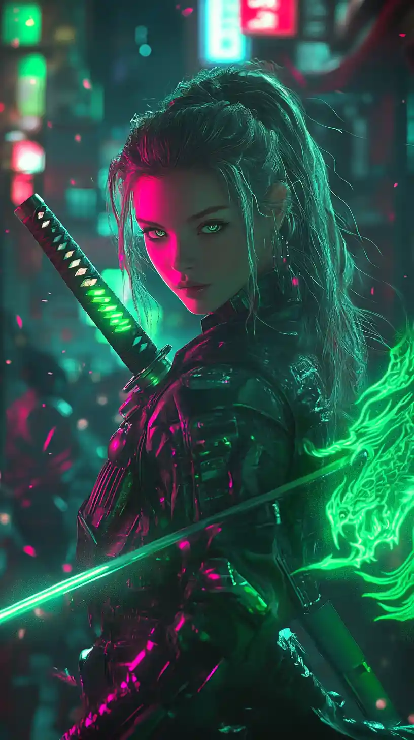 Cyberpunk-Samurai-Frau mit zwei leuchtenden Katanas