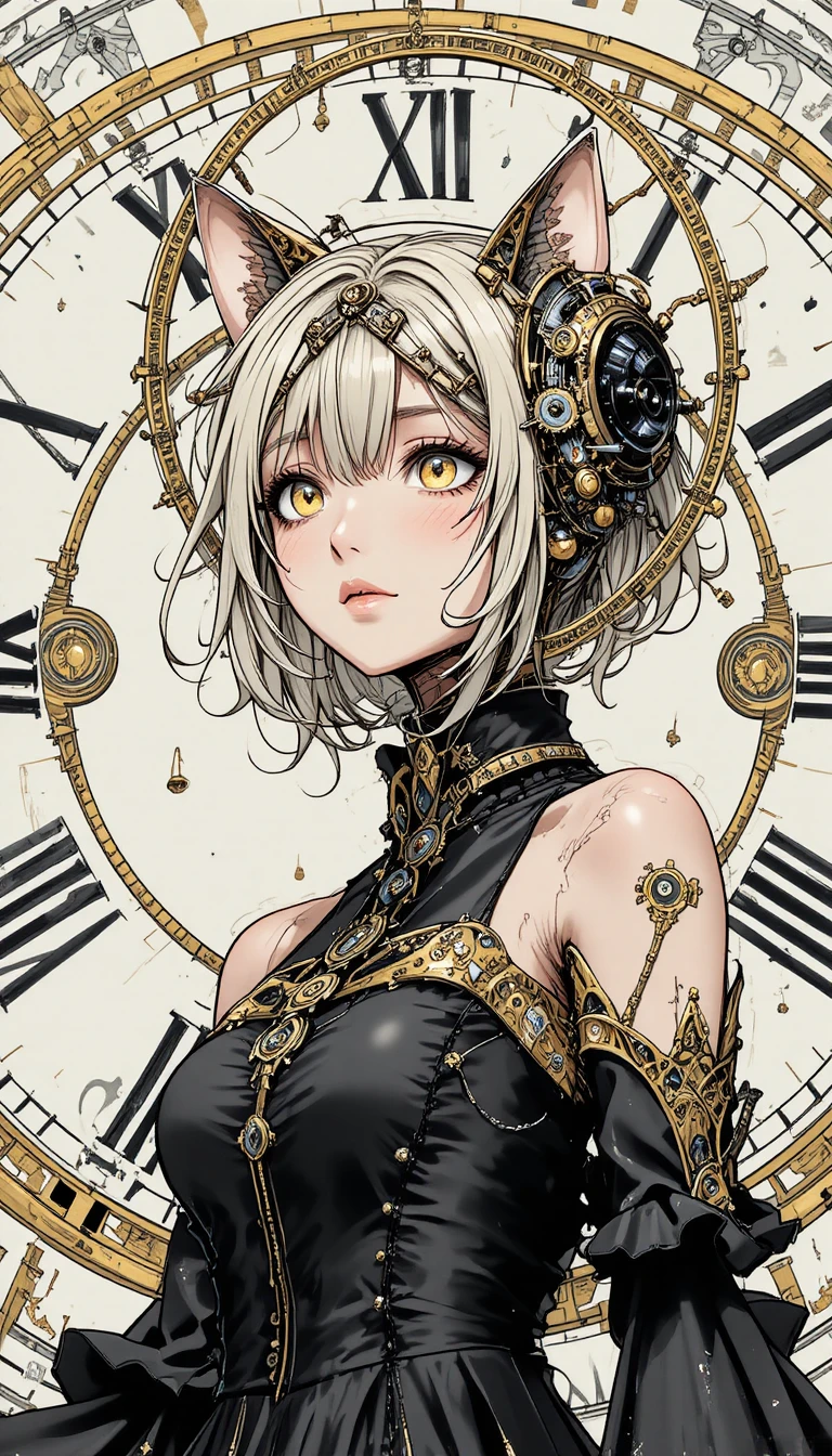 Mujer de anime fusionada con reloj mecánico gótico y engranajes