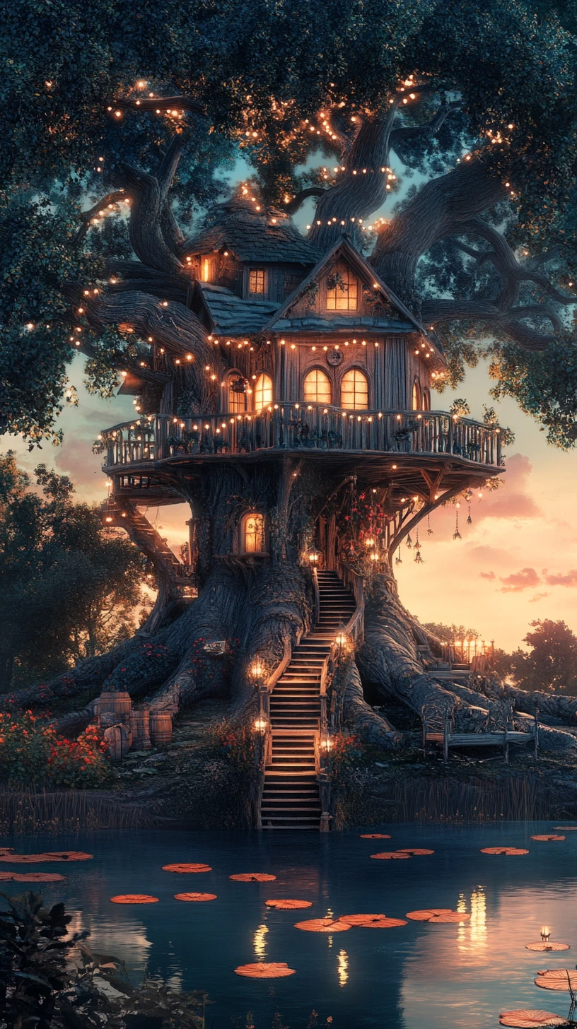 Enchanting treehouse towering above a tranquil forest lake