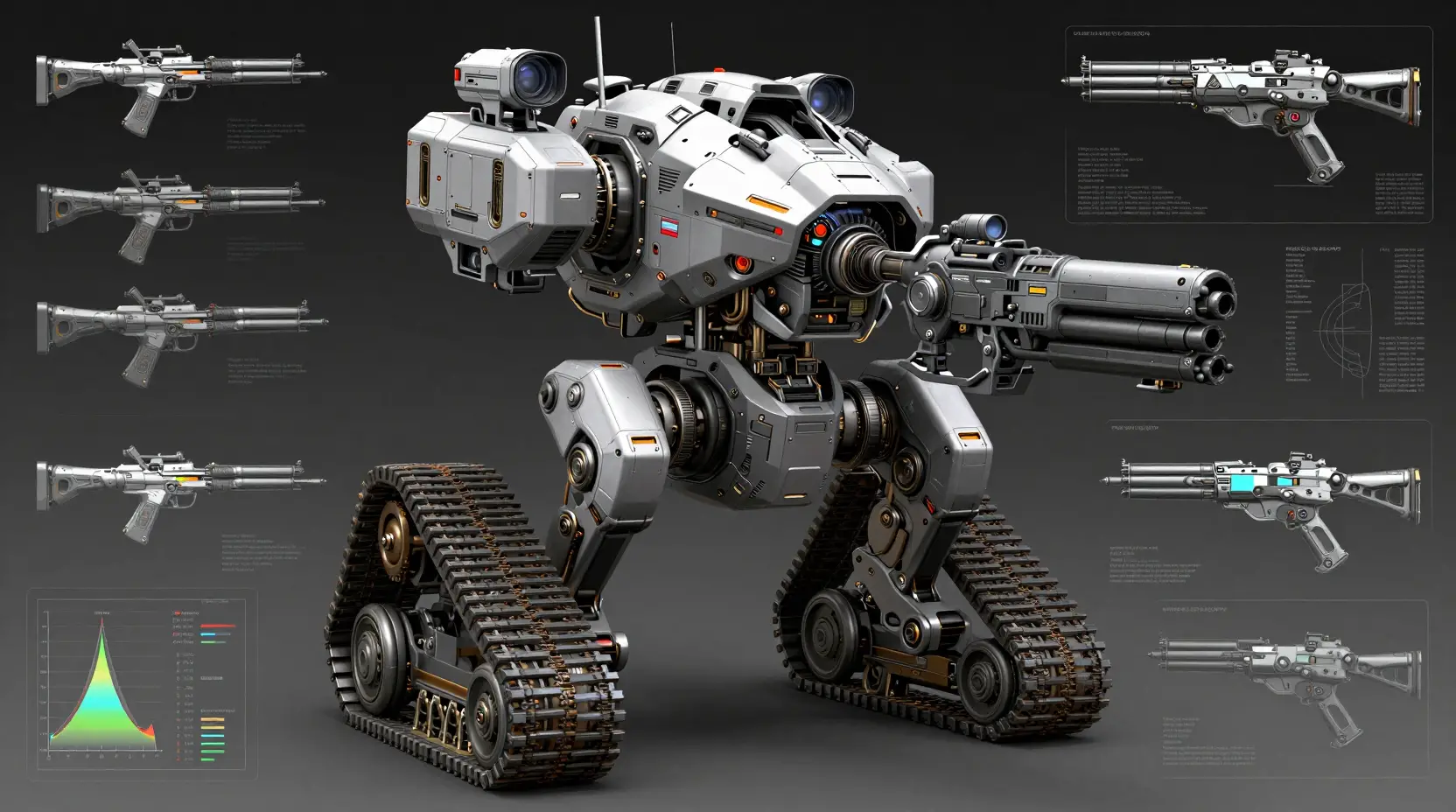 Mech futuristico da guerra urbana con overlay di dati tecnici
