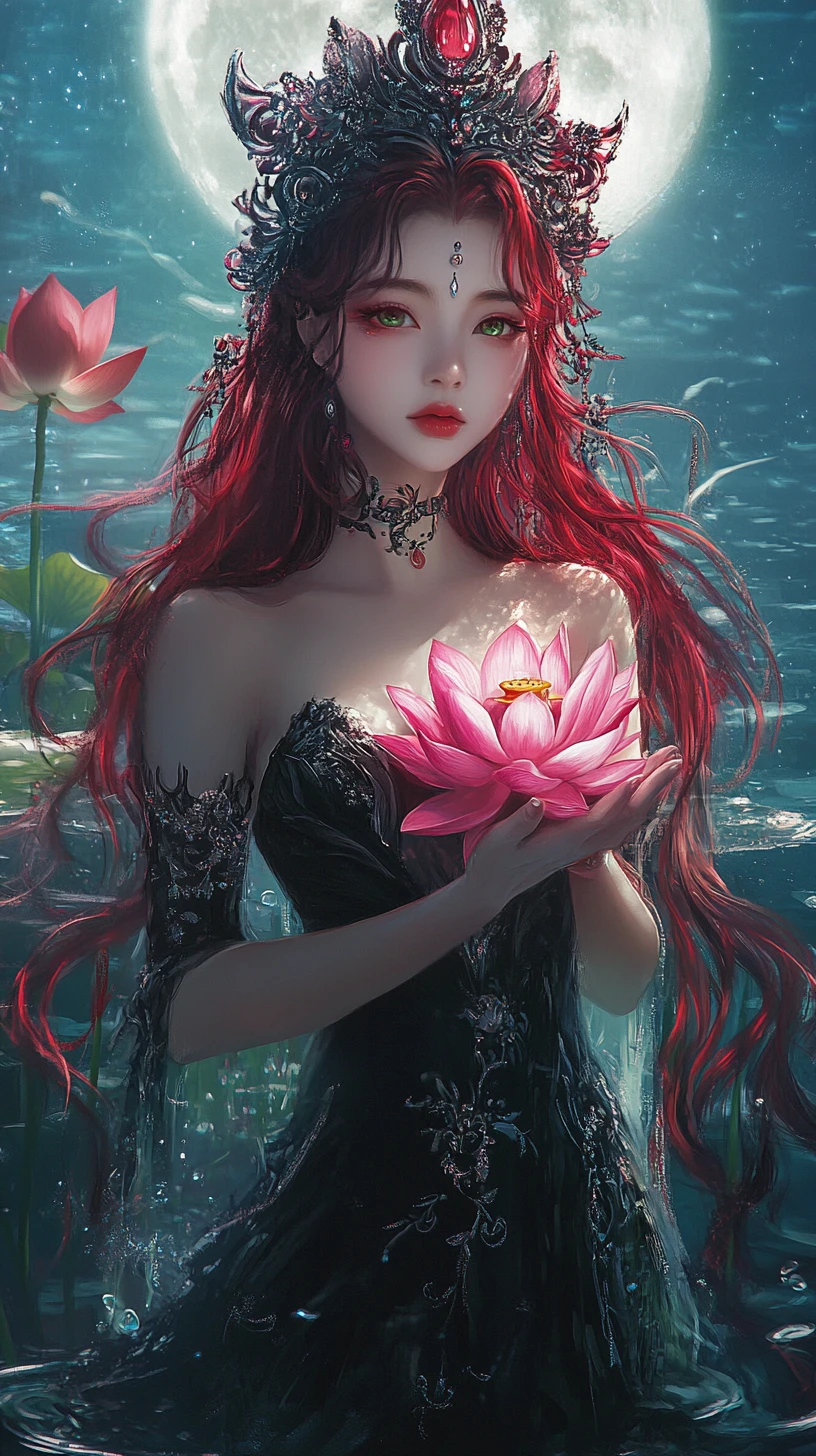 Donna fantasy con loto in paesaggio acquatico al chiaro di luna