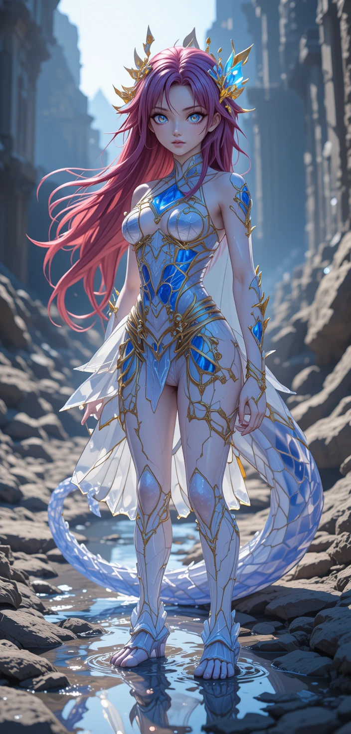 Anime-Kriegerin mit leuchtend blauen Gildenzeichen