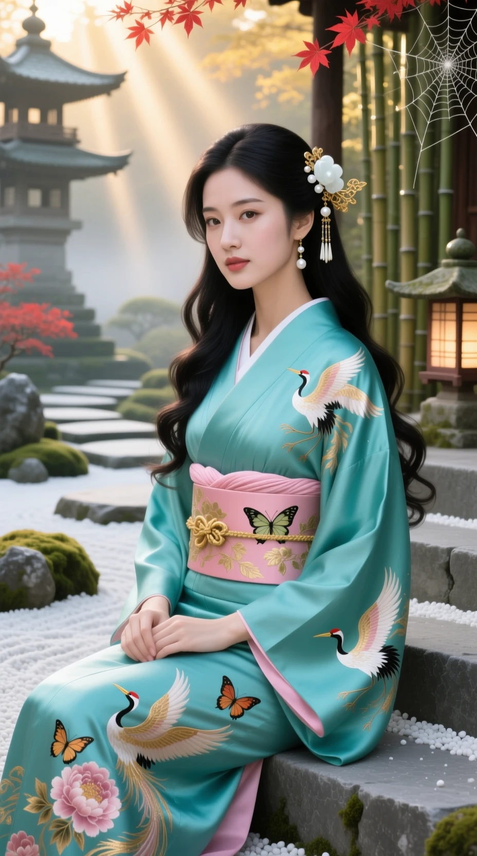 터키색 기모노를 입은 우아한 젊은 여성, 돌 사원 계단에 앉아 있는 모습