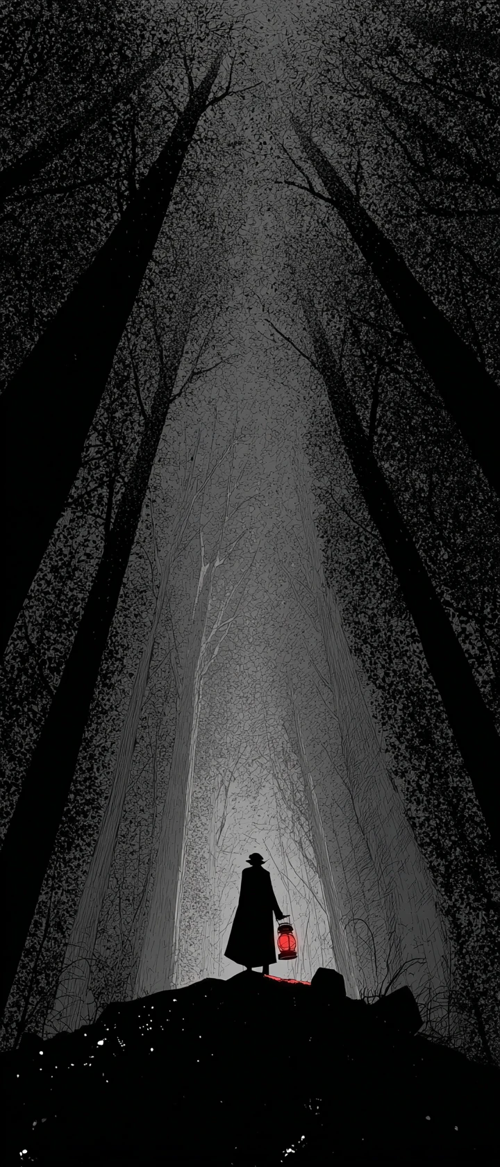 Silhouette sombre avec lanterne dans une nuit de forêt obscure