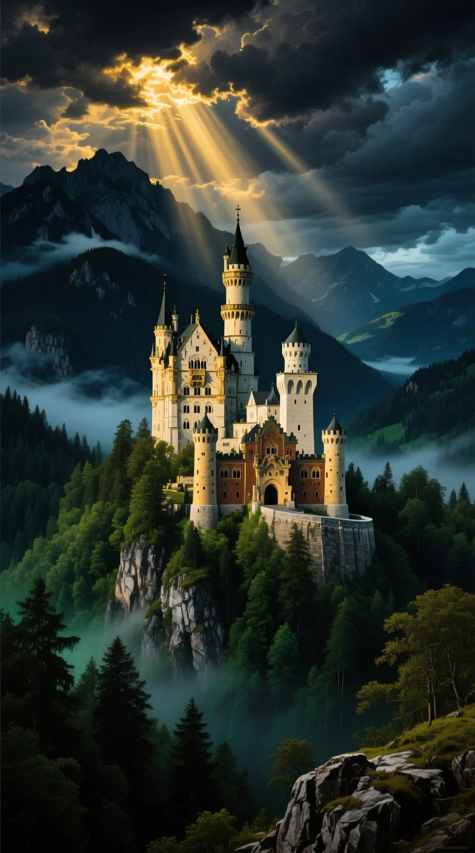 Castelo de Neuschwanstein erguendo-se sobre montanhas alpinas enevoadas