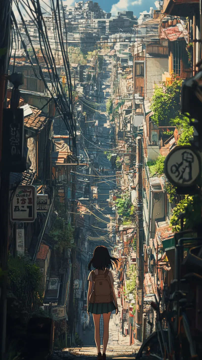 Fille d’anime marchant dans une étroite rue japonaise nostalgique
