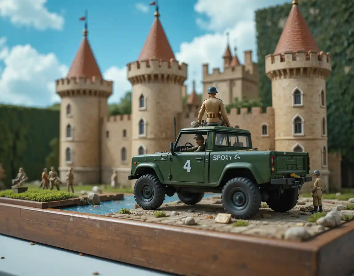Green military truck speeding through a busy city street