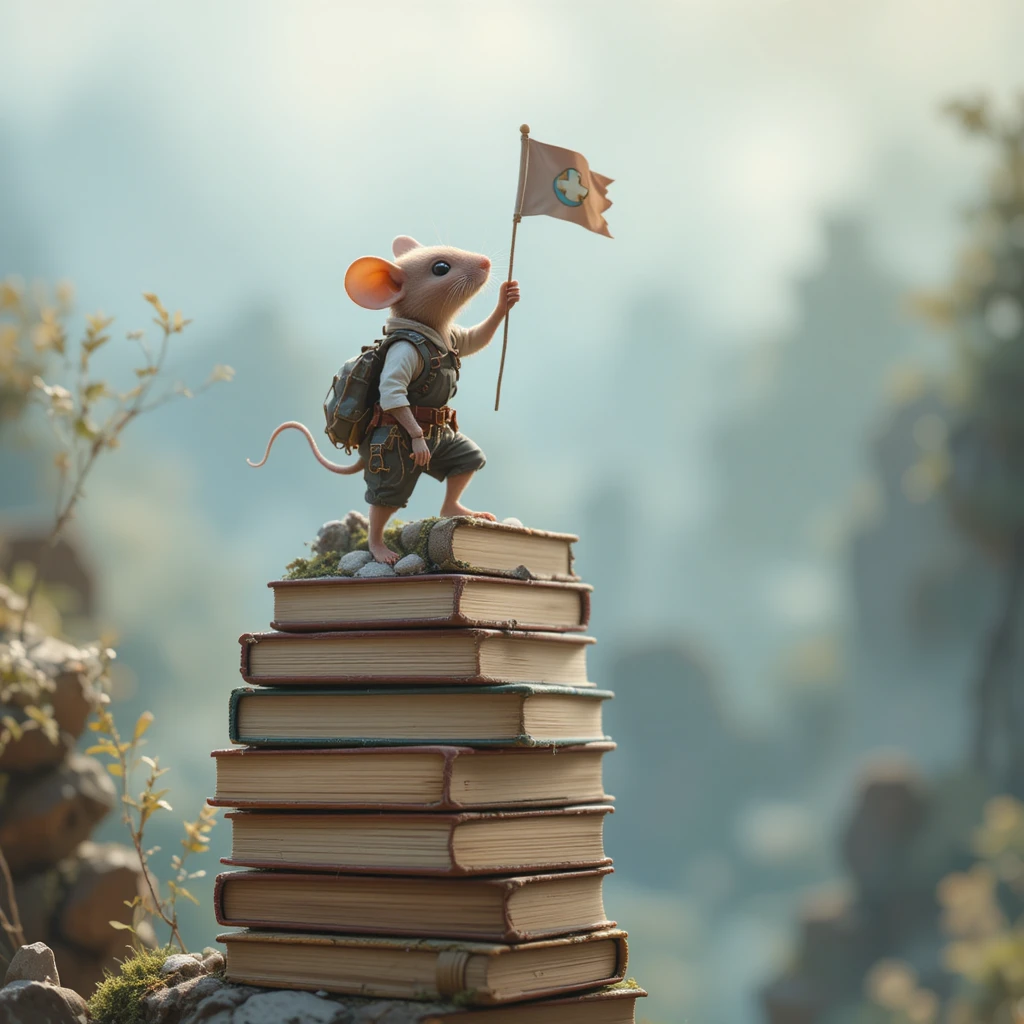 Pequeno rato alpinista fincando uma bandeira no topo de uma alta pilha de livros