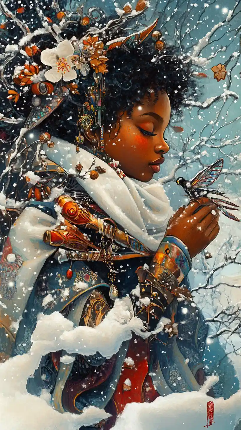 Whimsical pixie girl in a snowy fantasy landscape