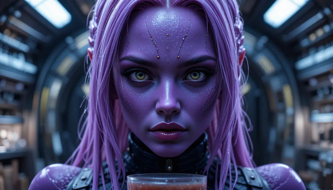 Retrato em close de mulher alienígena roxa na cozinha de uma nave espacial