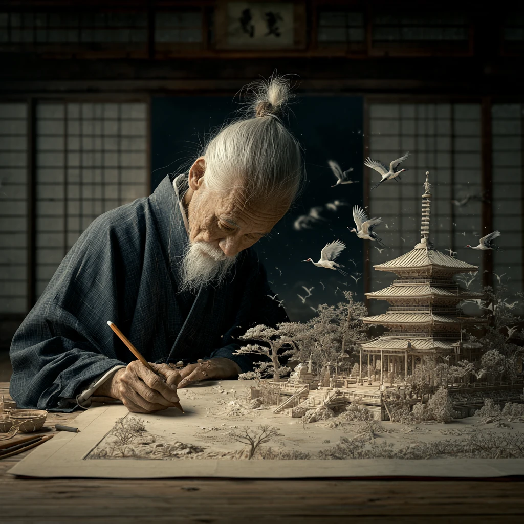 Artiste japonais âgé esquissant dans un paisible dōjō en bois