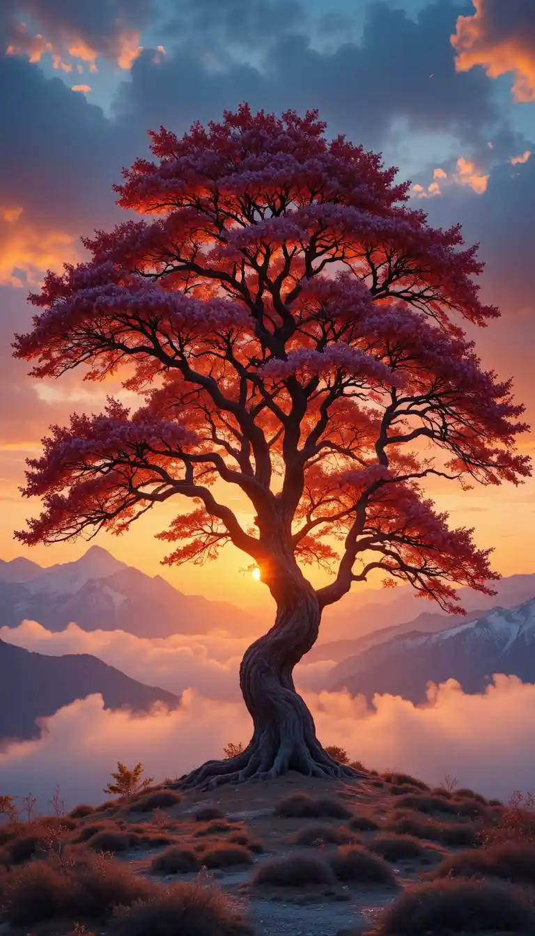 Ancient solitary tree against a vivid golden sunset sky