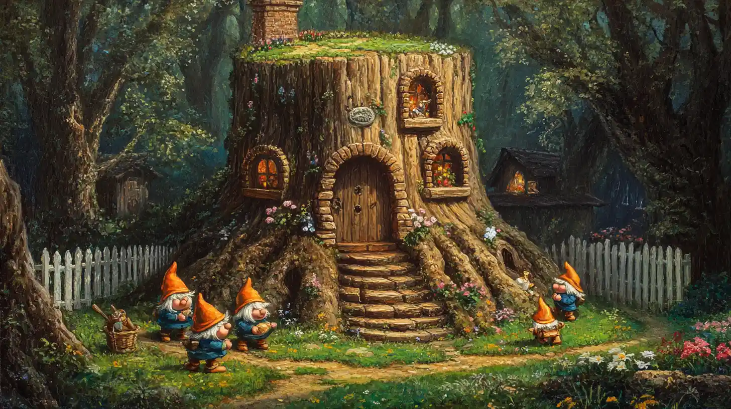 Gnome treehouse carved into a giant forest stump