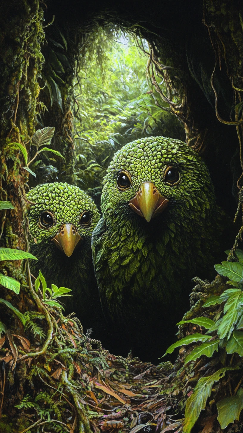 Surreal illusion of a strange kakapo inspired parrot scene
