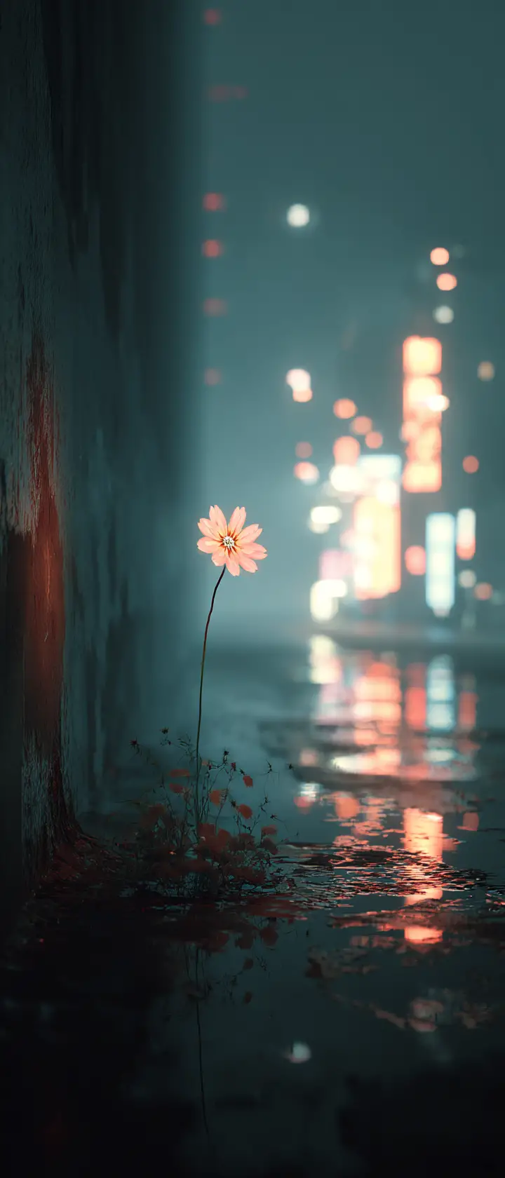 霓虹城市街道裂縫中綻放的孤單花朵