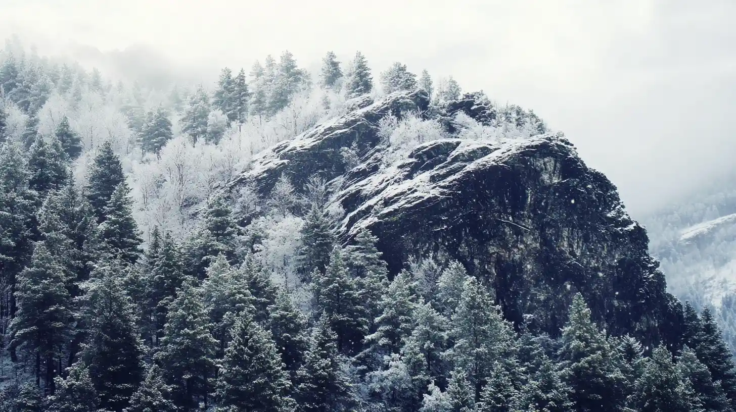 Paisaje de montaña nevada bajo un pálido cielo invernal