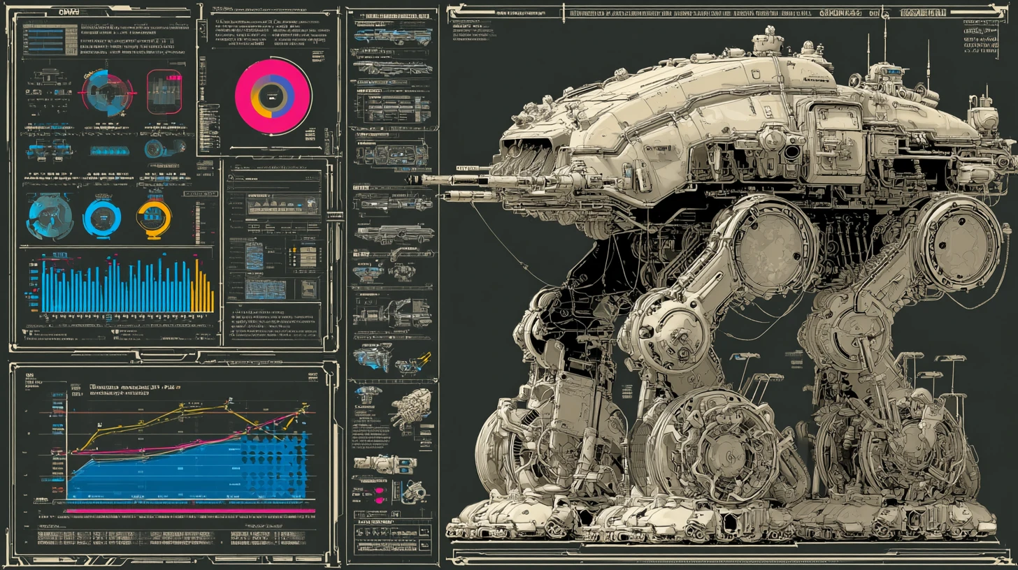 Futuristic alien urban warfare walker with technical overlays