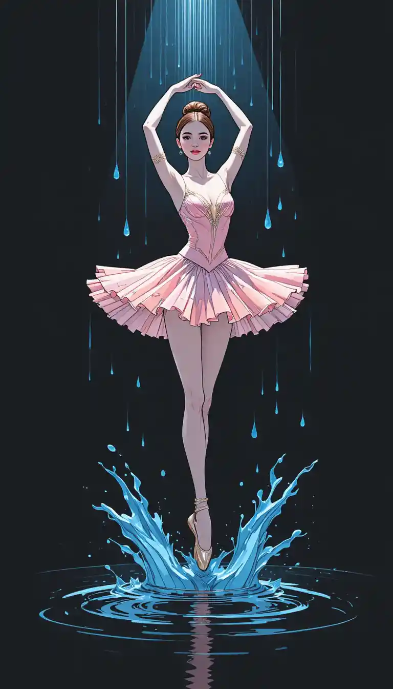 Ballerina in abito rosa che salta sotto la pioggia blu