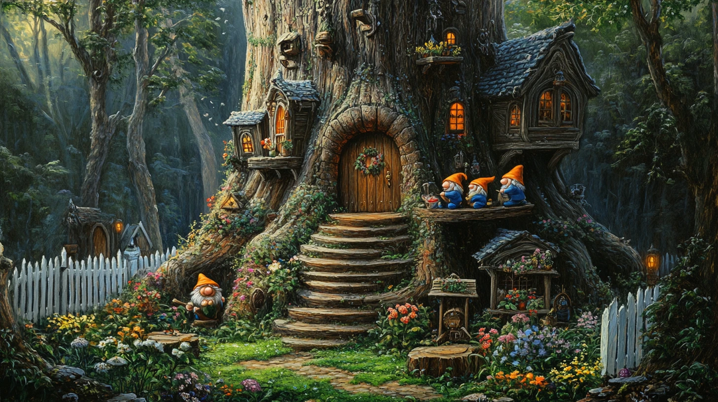 Dipinto rinascimentale di una casa sull'albero degli gnomi in una foresta profonda