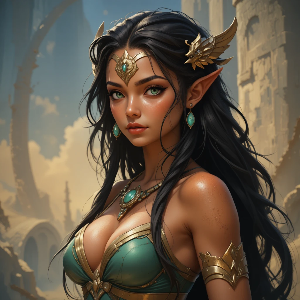 Bronzed fantasy goddess with dark hair and deep green eyes
