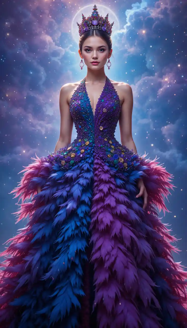 Fashion-Queen in Feder-Couture unter funkelndem Sternenhimmel
