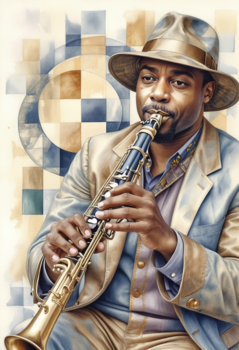 Retrato cubista de um saxofonista de jazz em tons de azul e cinza