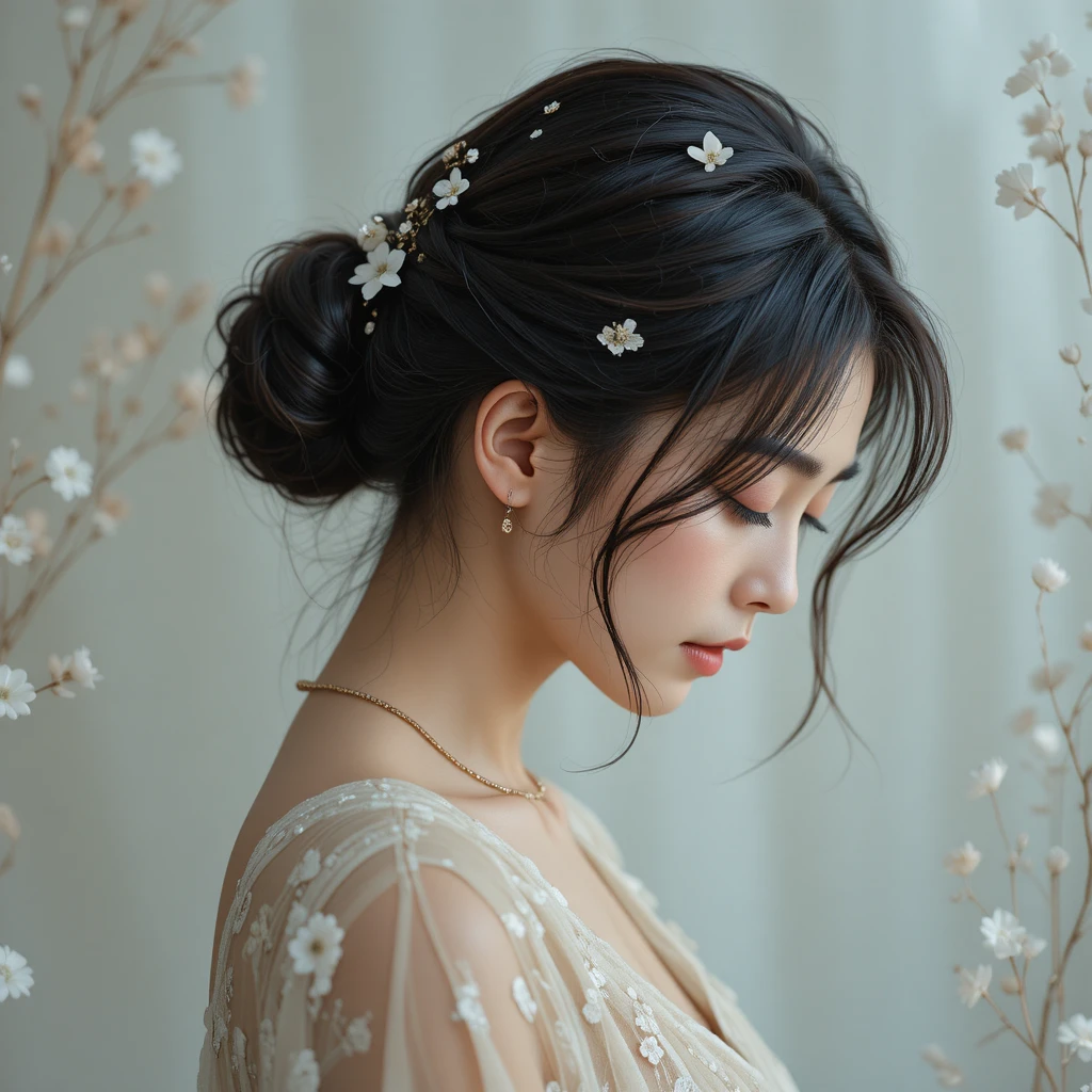 Young Asian woman in soft floral close up portrait
