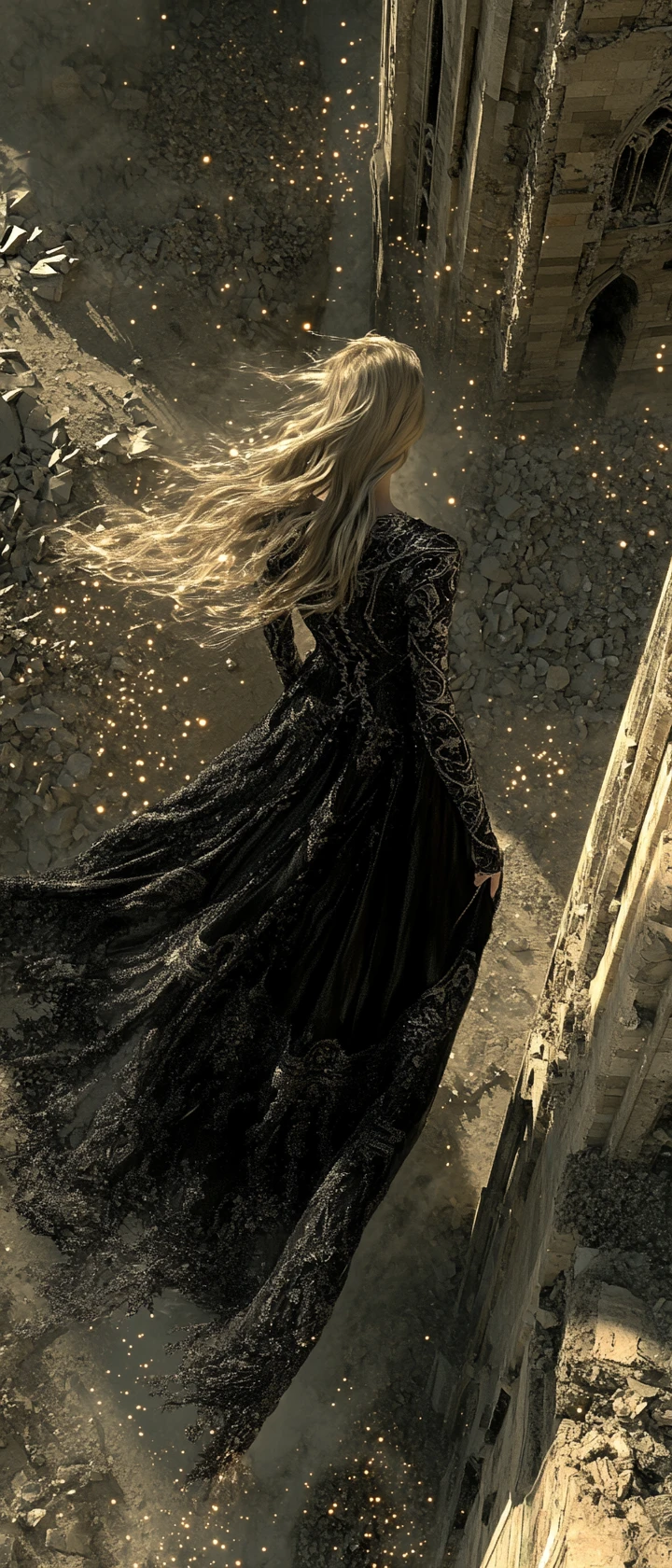 Fantasy girl on a crumbling tower at golden sunset