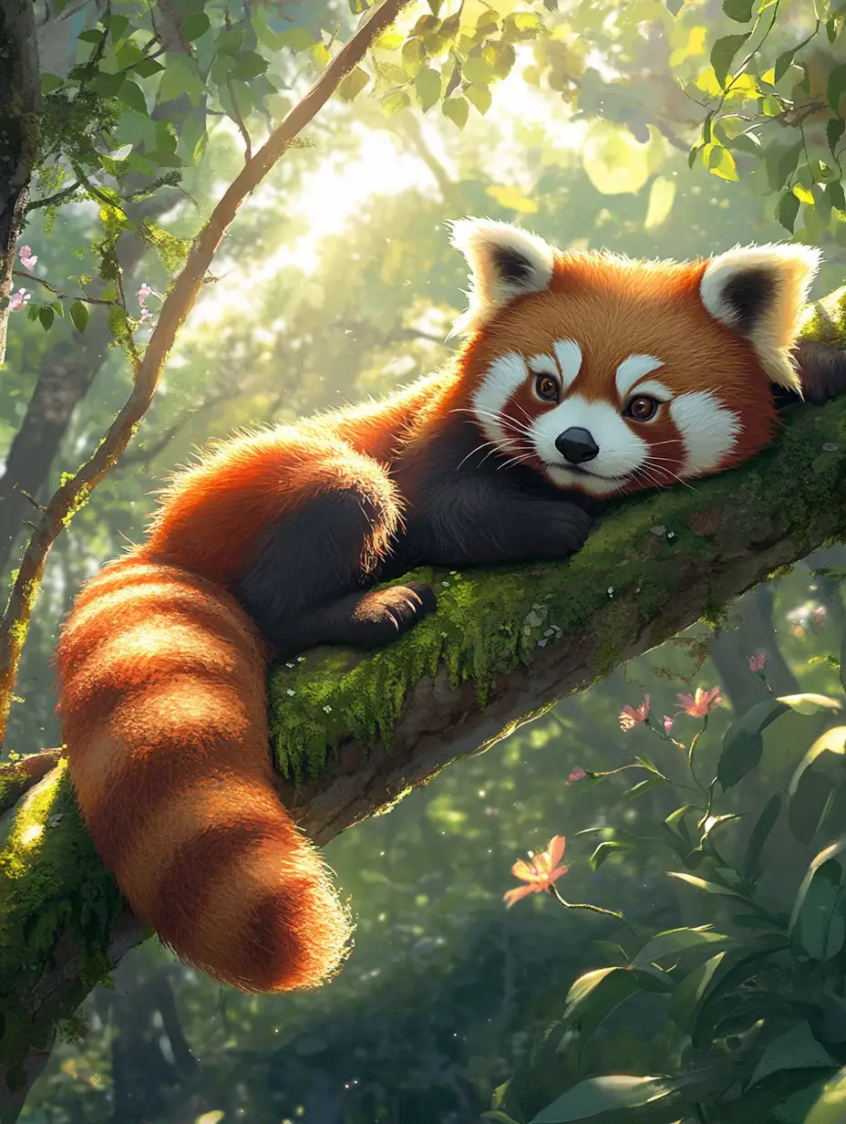 Cute red panda resting on a mossy forest branch