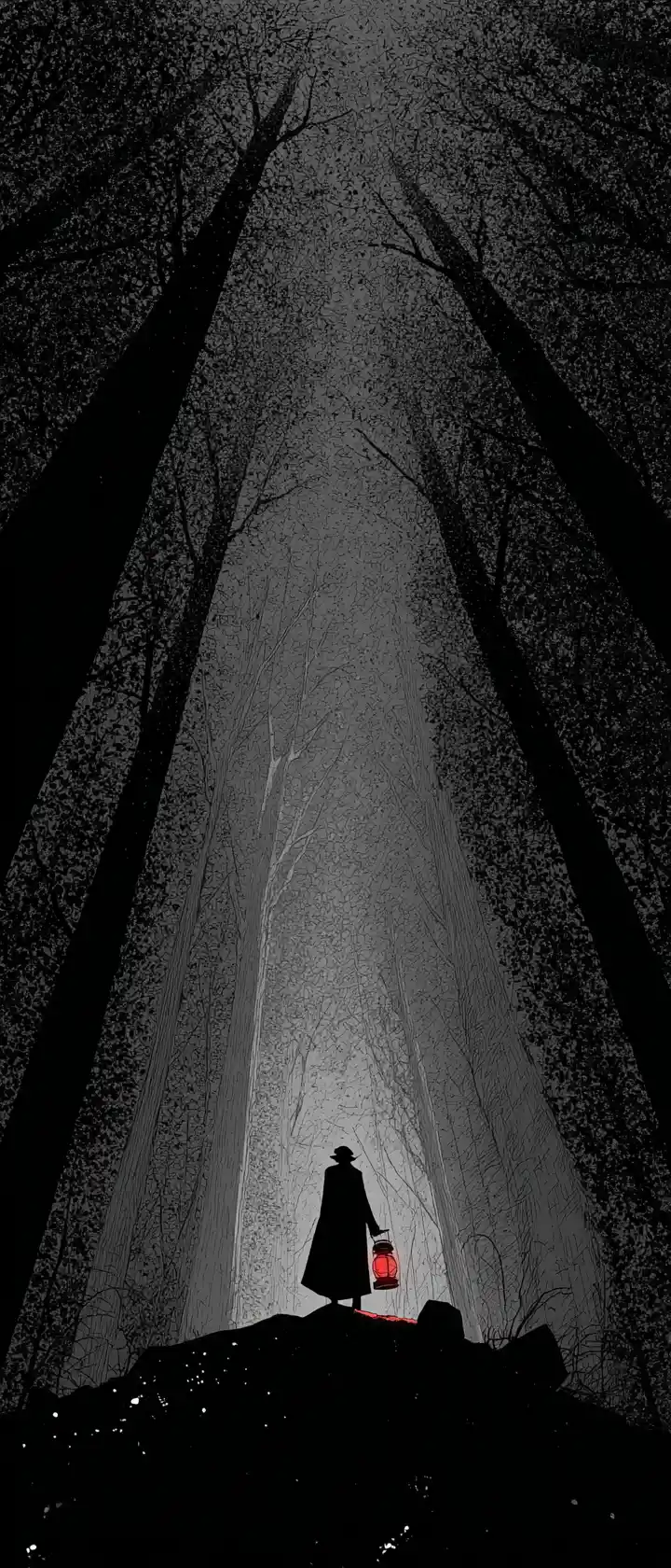 Figura sombría con linterna en una noche de bosque oscuro