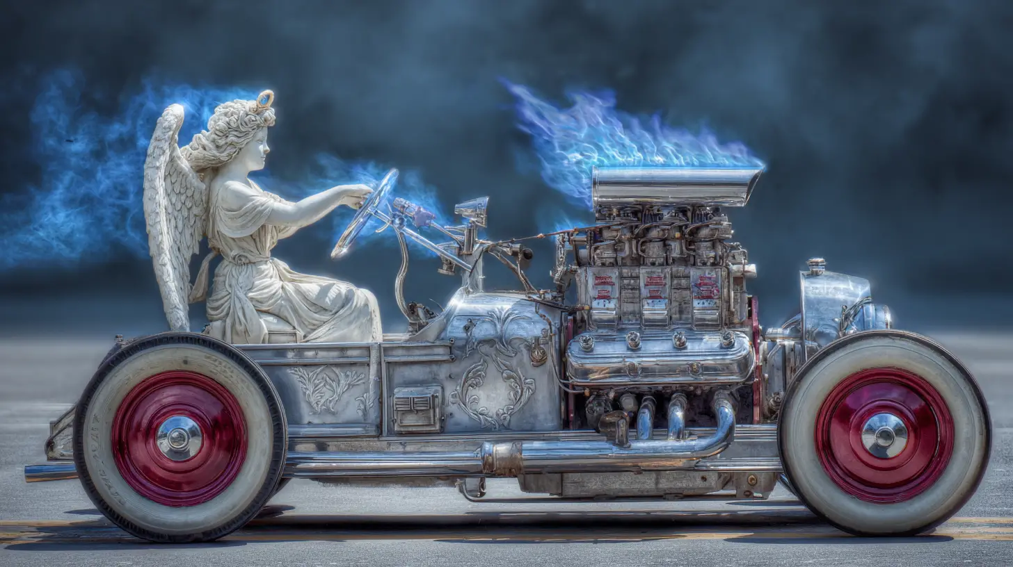 Angelic v8 engine with heavenly angel driver on highway