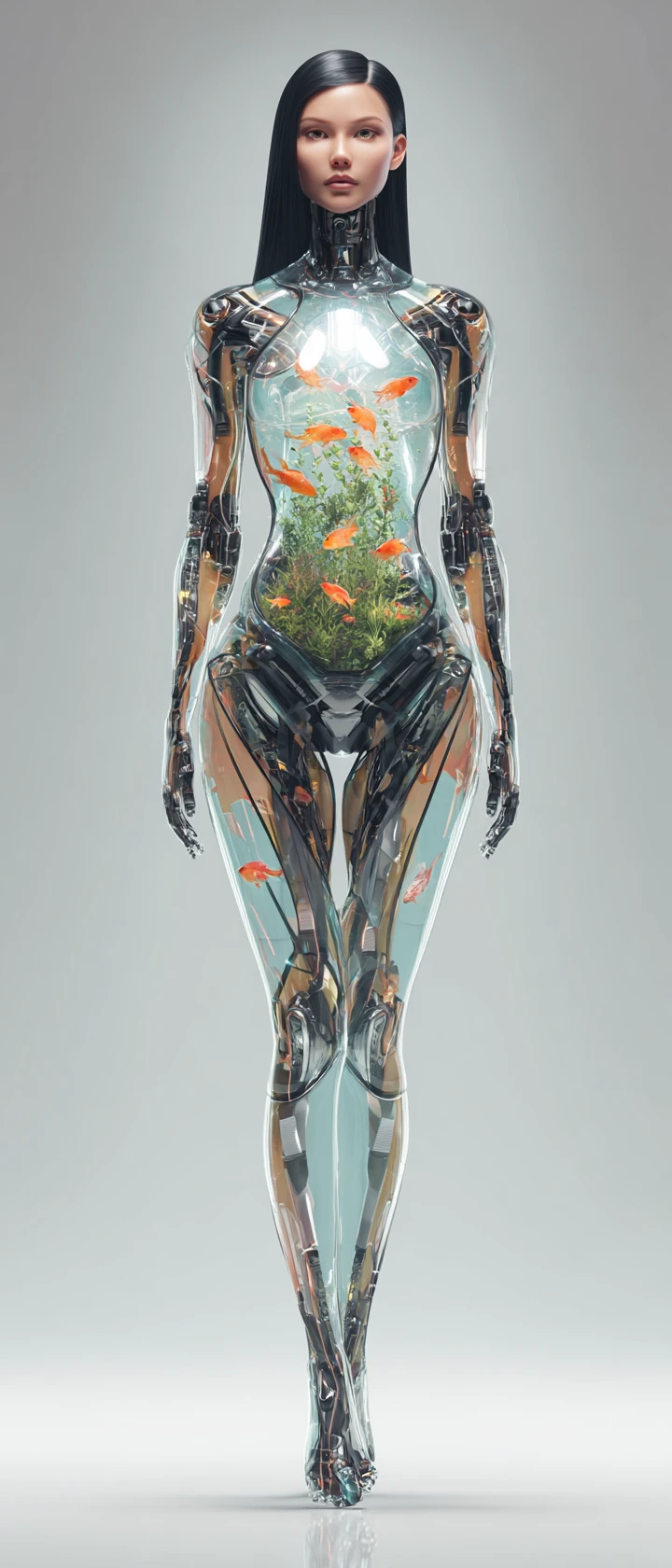 Donna androide con torso-acquario e pacifica presenza sci-fi